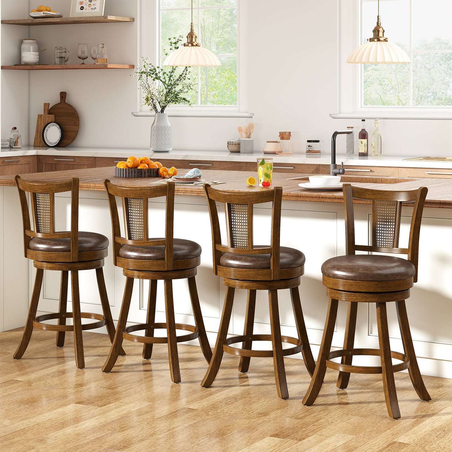 Swivel Bar Stools Set of 2 with Rattan Backrest - Brown