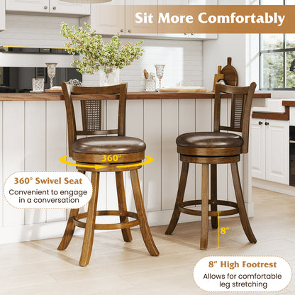 Swivel Bar Stools Set of 2 with Rattan Backrest - Brown