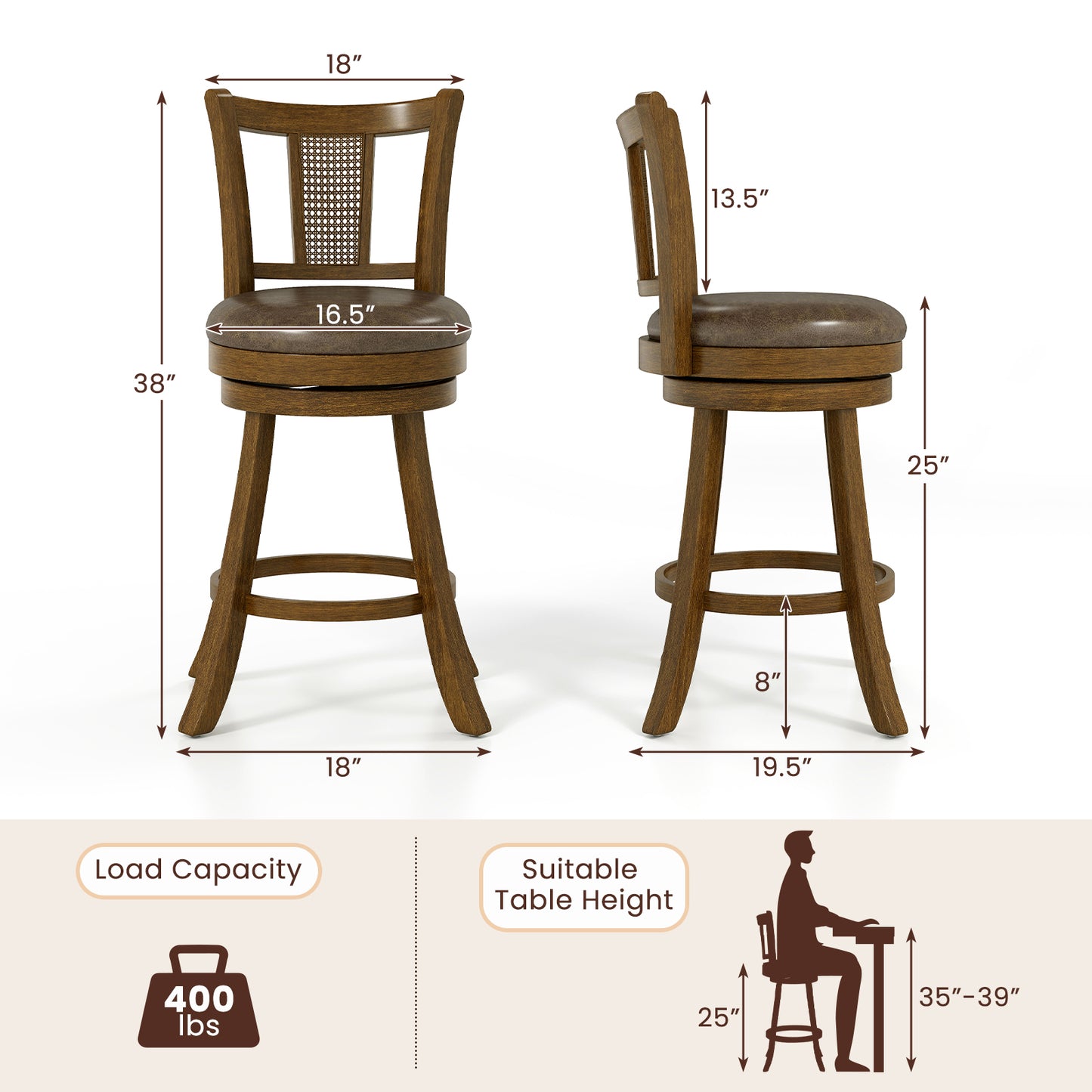 Swivel Bar Stools Set of 2 with Rattan Backrest - Brown