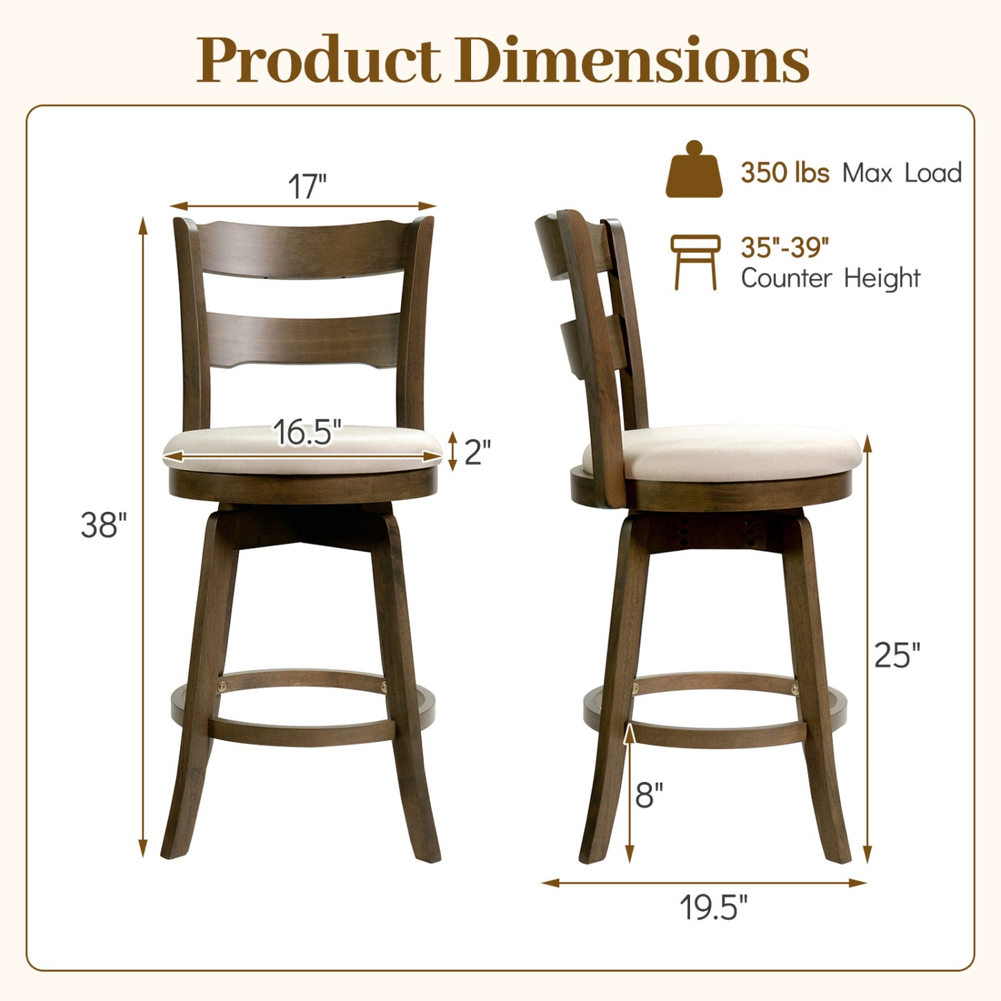 25 Inch Swivel Counter Barstools with Backrest & Upholstered Seat-Set of 2