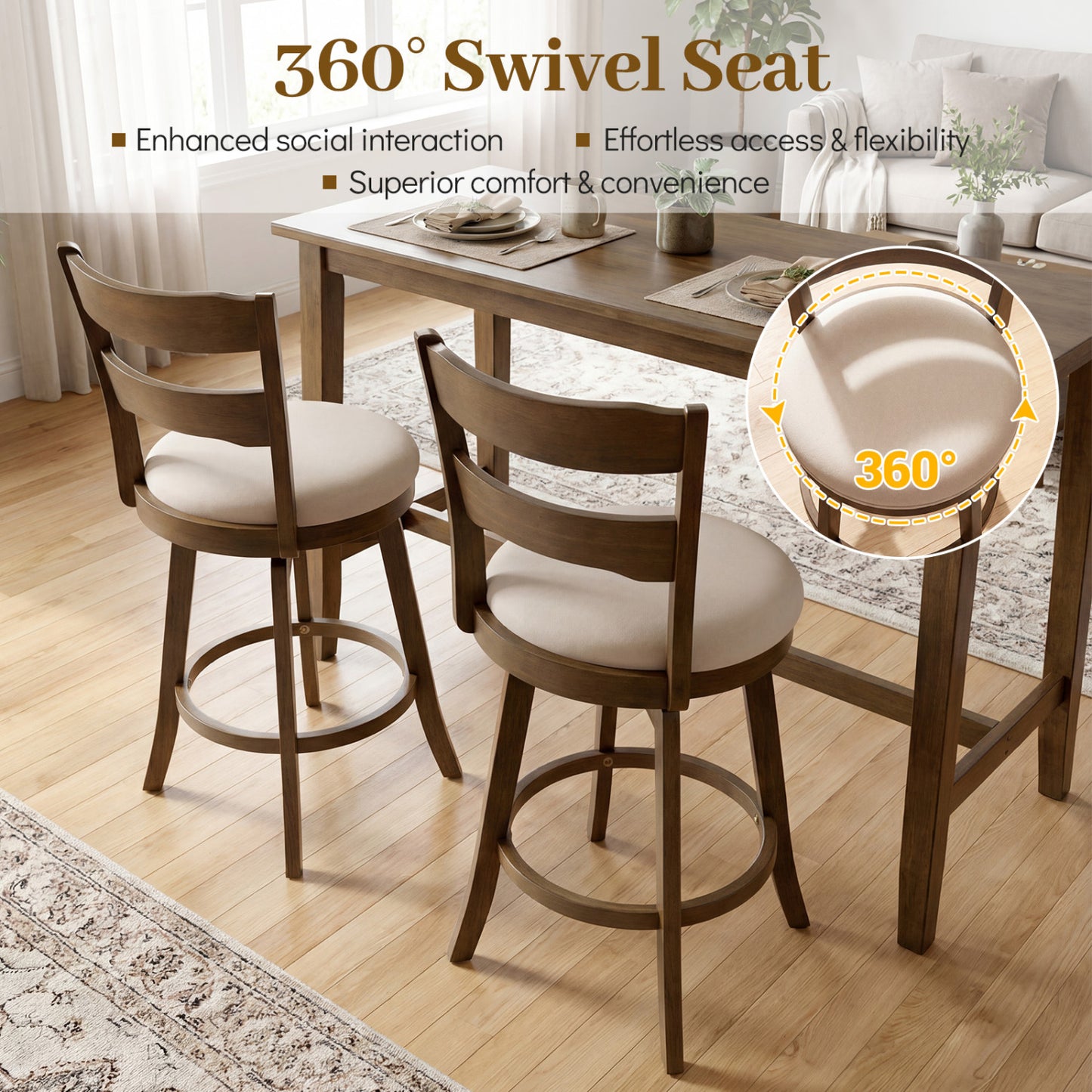 25 Inch Swivel Counter Barstools with Backrest & Upholstered Seat-Set of 4