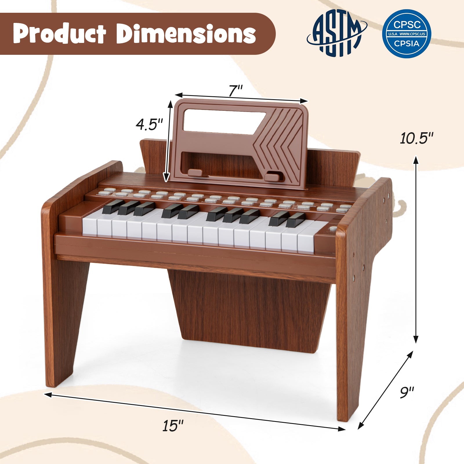 25 Keys Kids Piano Keyboard with Adjustable Speed and Volume-Brown