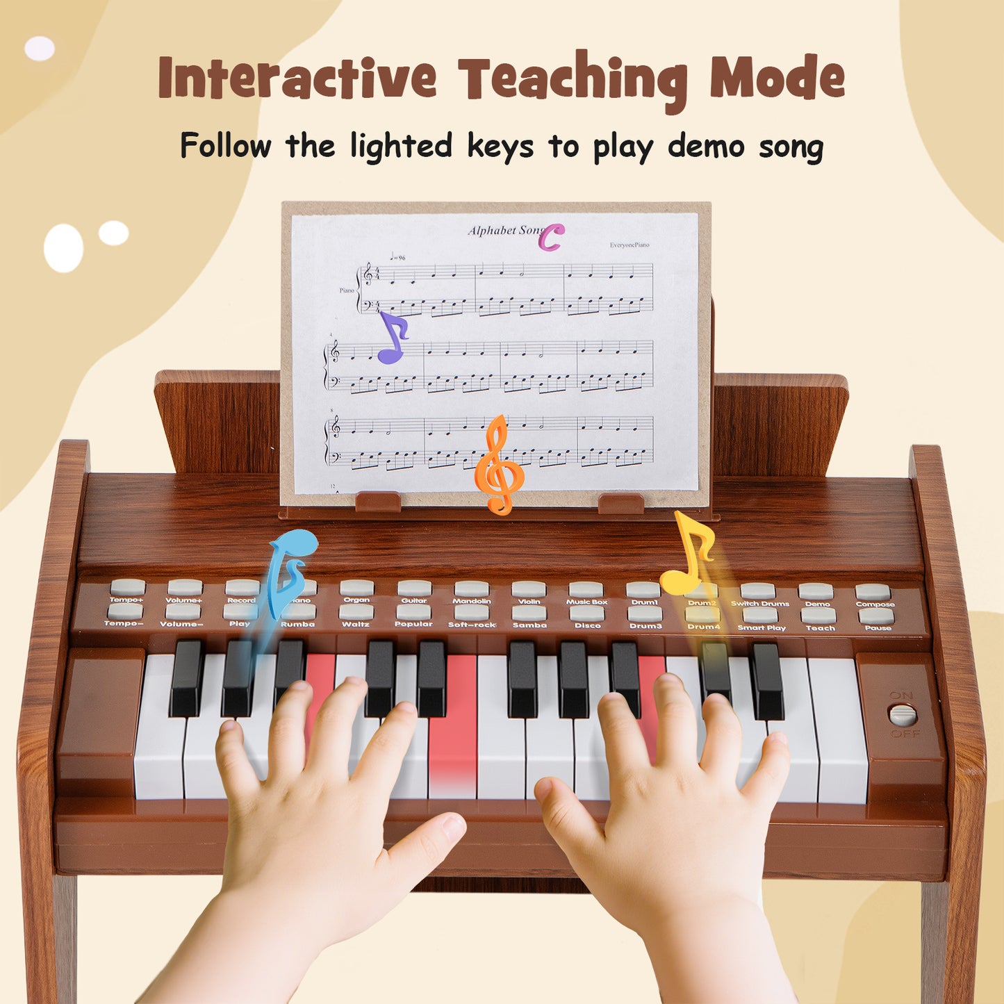 25 Keys Kids Piano Keyboard with Adjustable Speed and Volume-Brown