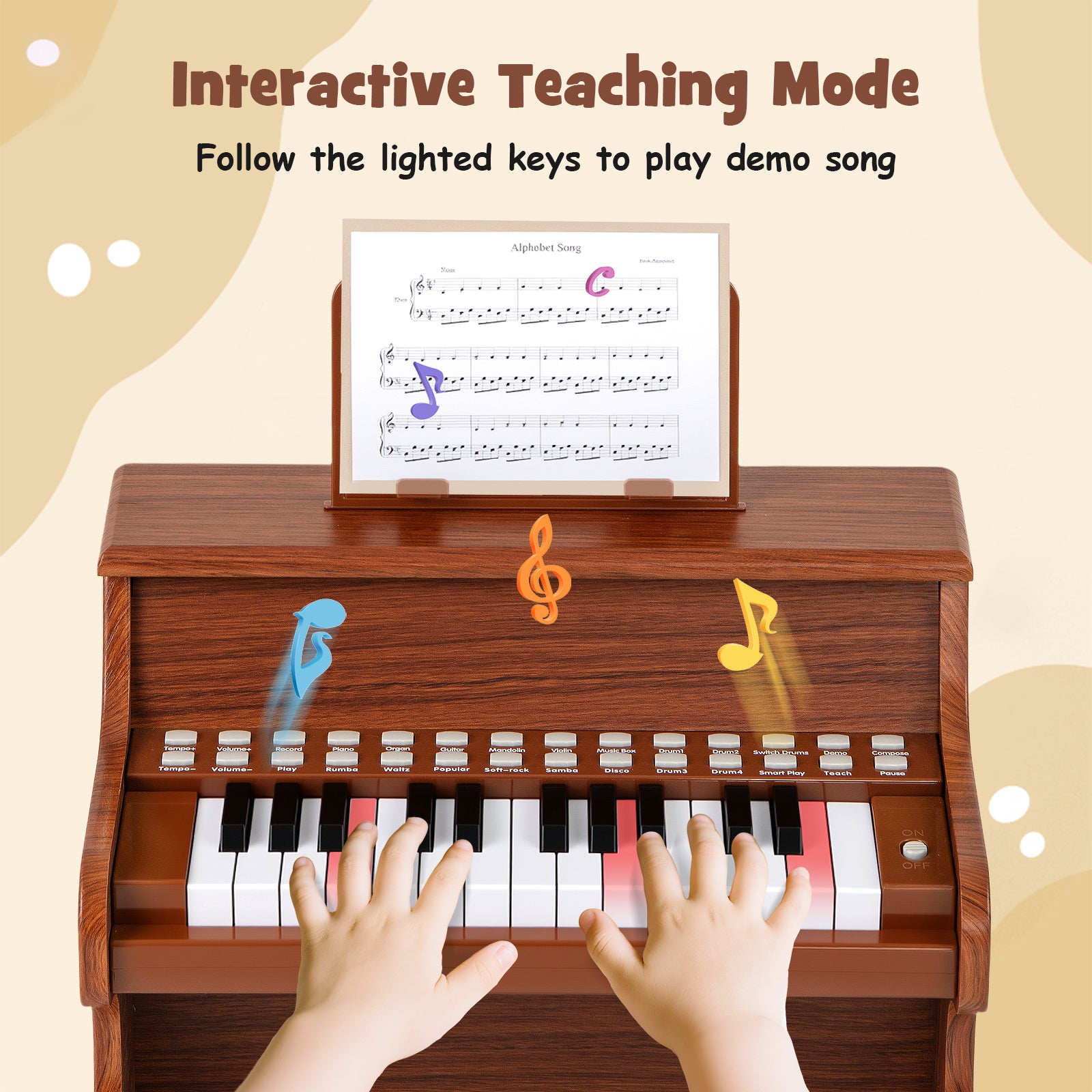 25 Keys Kids Piano Keyboard with Adjustable Speed and Teaching Mode-Brown