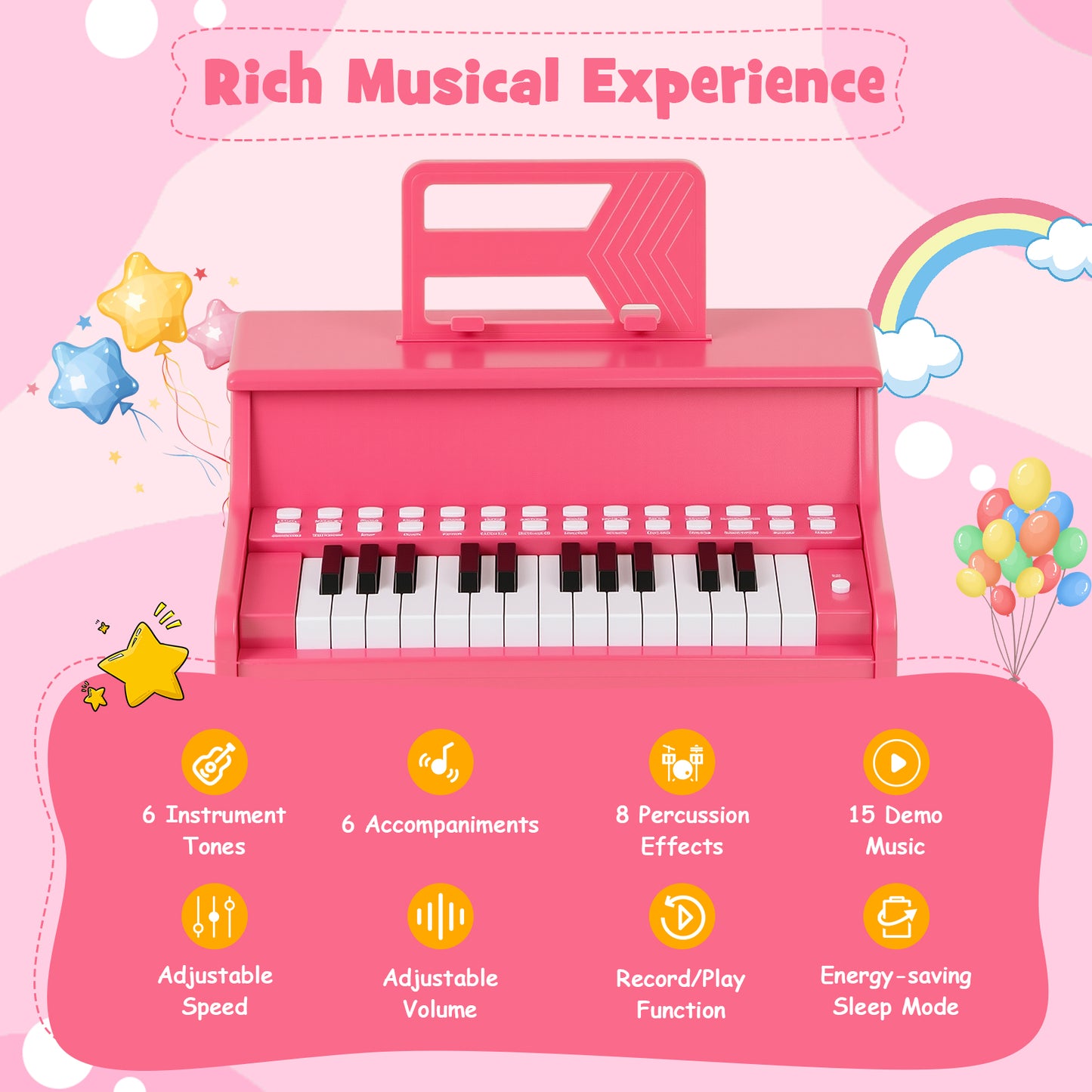 25 Keys Kids Piano Keyboard with Adjustable Speed and Teaching Mode-Pink