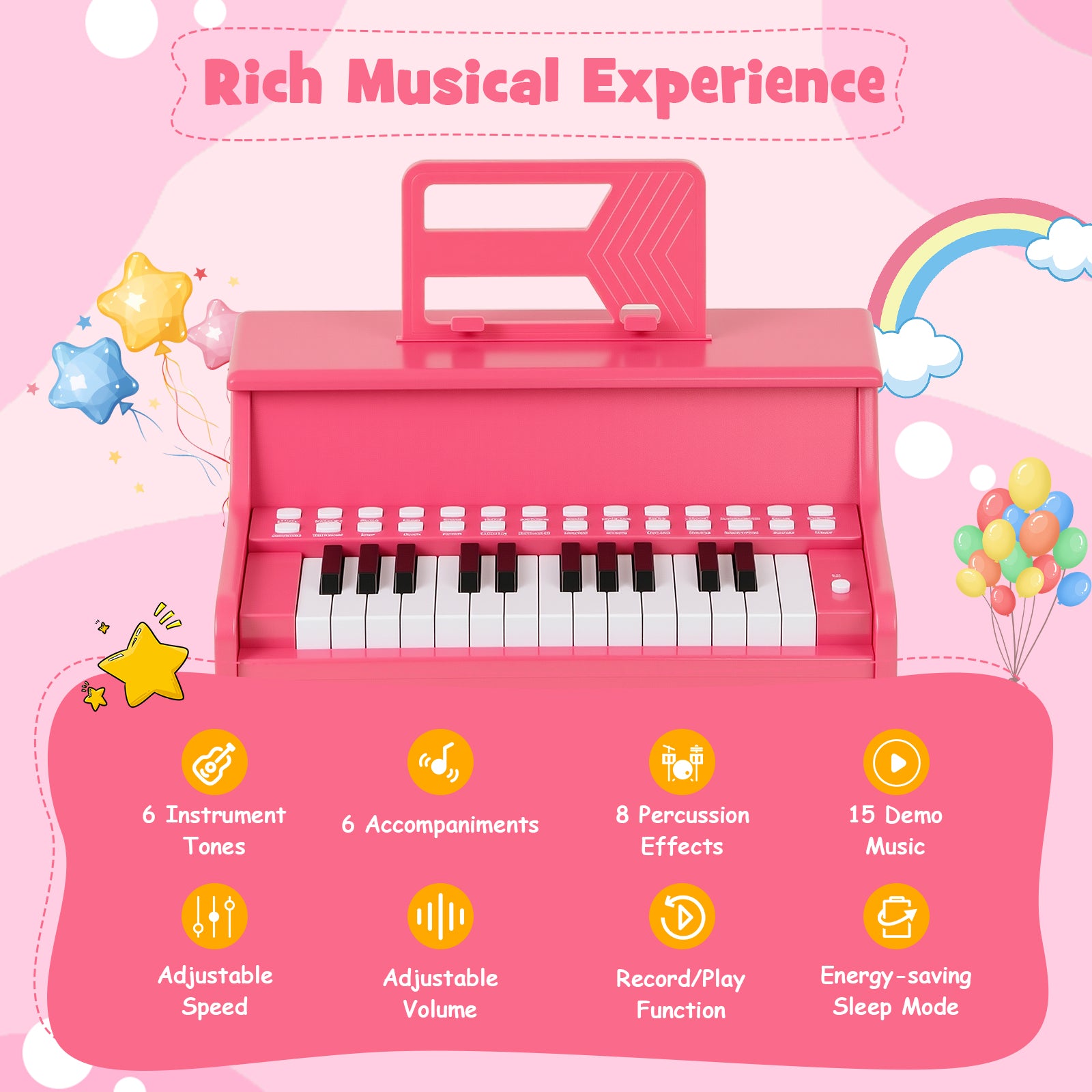 25 Keys Kids Piano Keyboard with Adjustable Speed and Teaching Mode-Pink