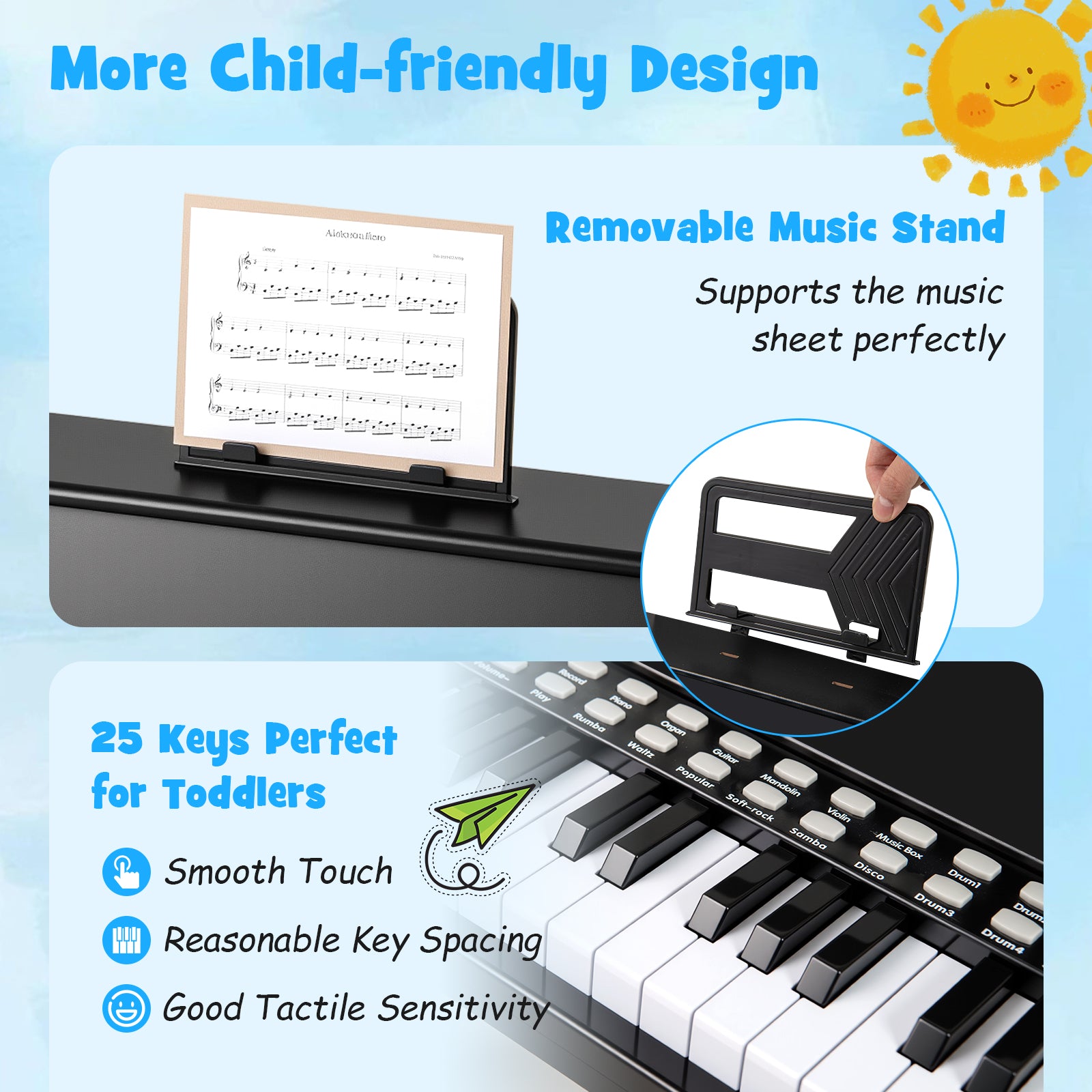 25 Keys Kids Piano Keyboard with Stool Mini Digital Piano Wooden Toy with Adjustable Speed and Volume-Black
