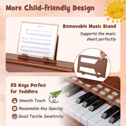 25 Keys Kids Piano Keyboard with Stool Mini Digital Piano Wooden Toy with Adjustable Speed and Volume-Brown