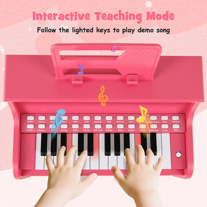 25 Keys Kids Piano Keyboard with Stool Mini Digital Piano Wooden Toy with Adjustable Speed and Volume-Pink