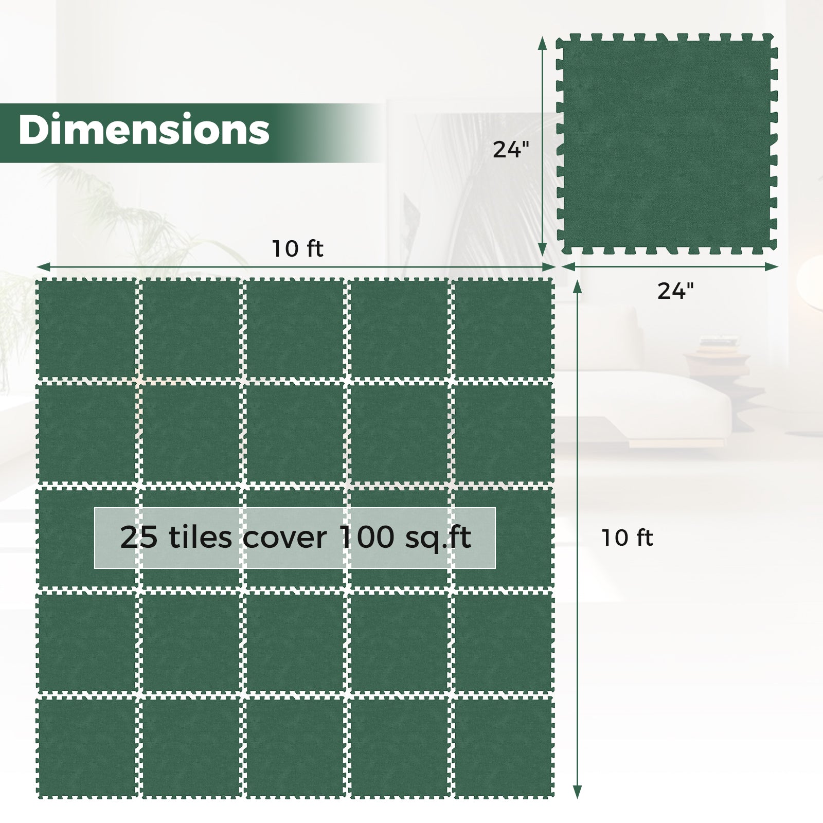 25 Pack-100 Sq.Ft. Foam Floor Tiles Interlocking Carpet Tiles with Edge Borders-Green