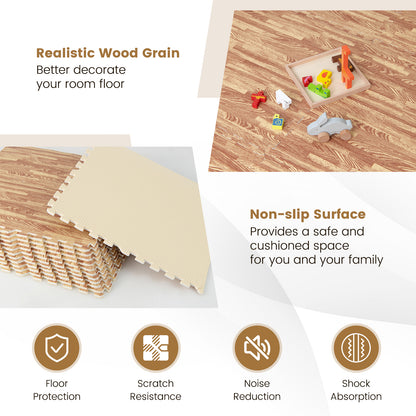 25 Tiles Wood Grain Foam Floor Mats with Borders- Natural