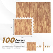 25 Tiles Wood Grain Foam Floor Mats with Borders- Natural