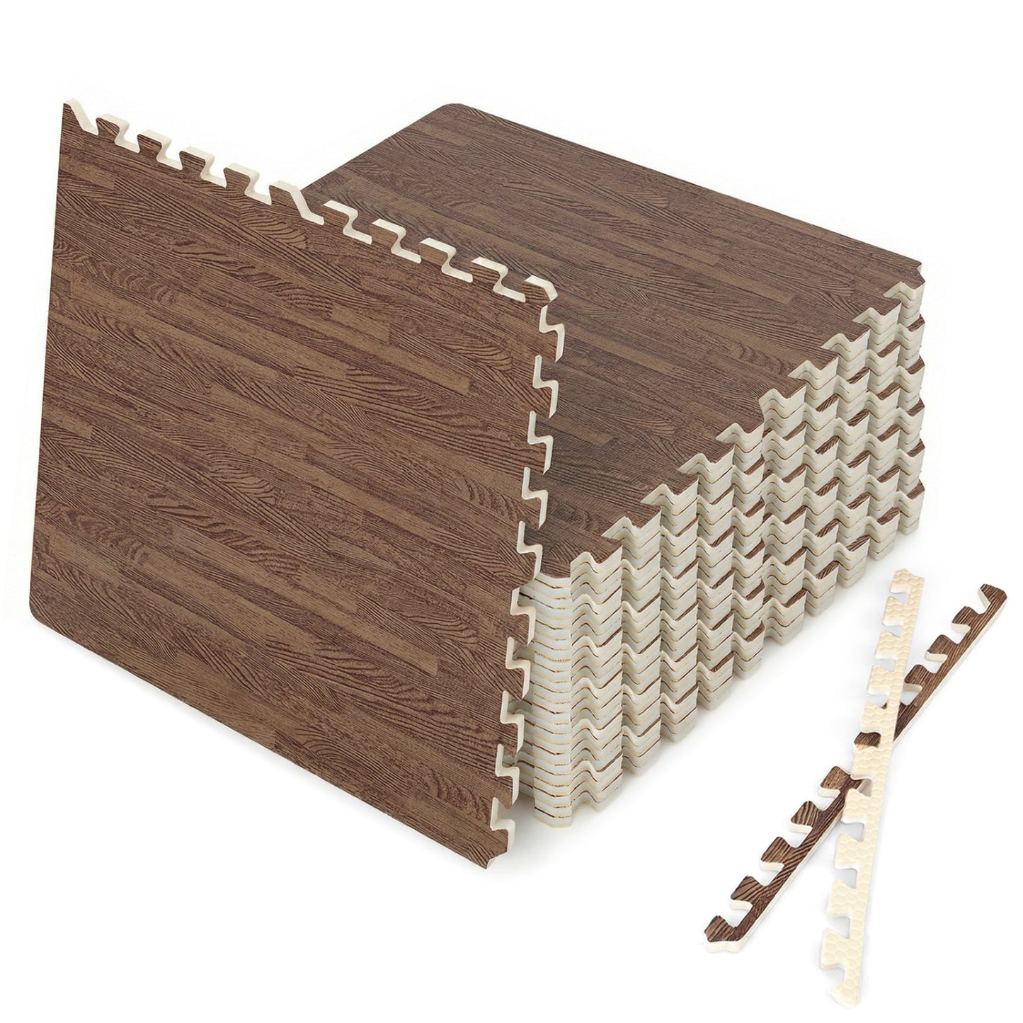 25 Tiles Wood Grain Foam Floor Mats with Borders-Brown - Brown