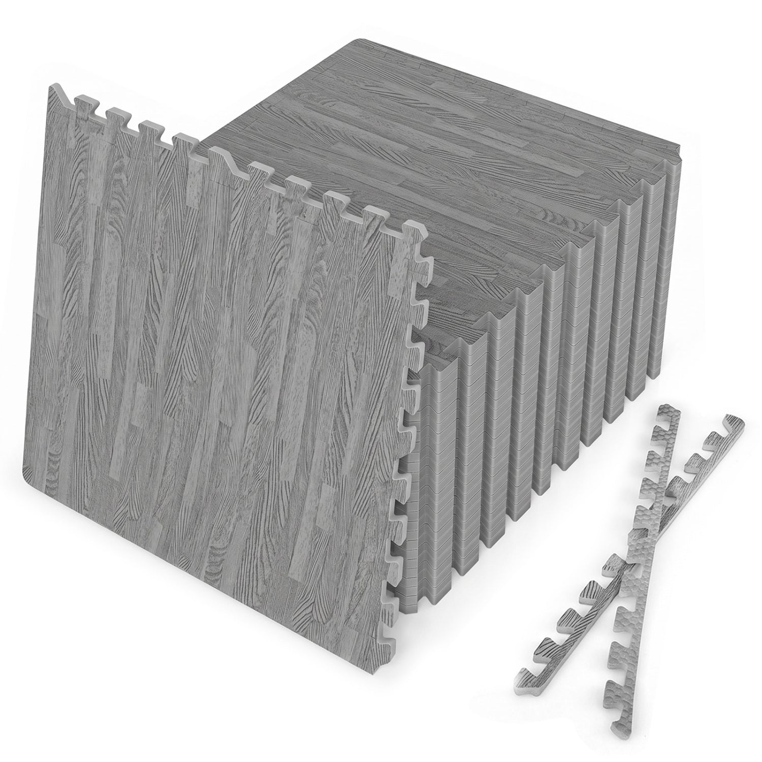 25 Tiles Wood Grain Foam Floor Mats with Borders-Brown - Gray