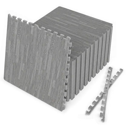 25 Tiles Wood Grain Foam Floor Mats with Borders-Brown - Gray