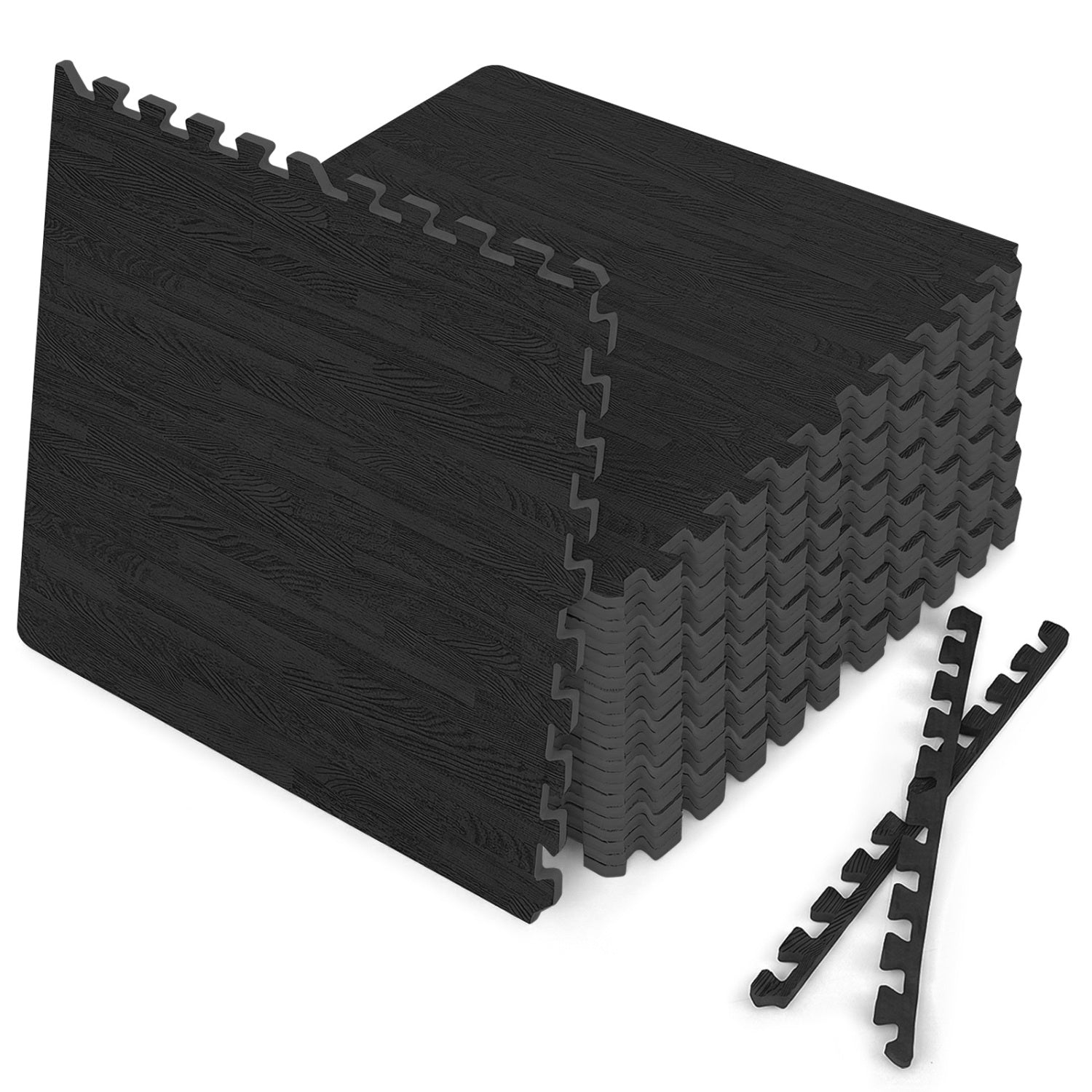 25 Tiles Wood Grain Foam Floor Mats with Borders-Brown - Black