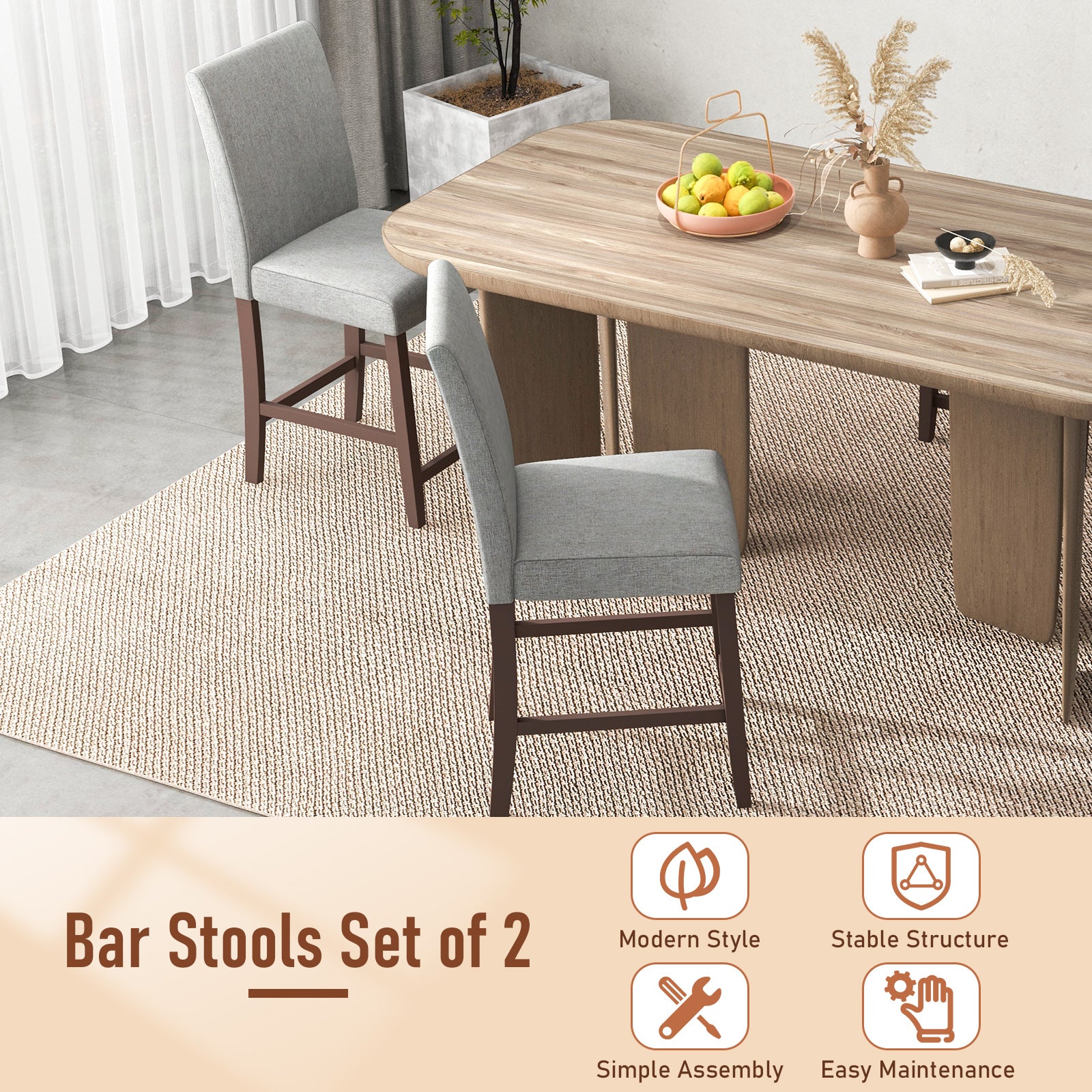 25 Inch Counter Height Set of 2 Bar Stools-Gray