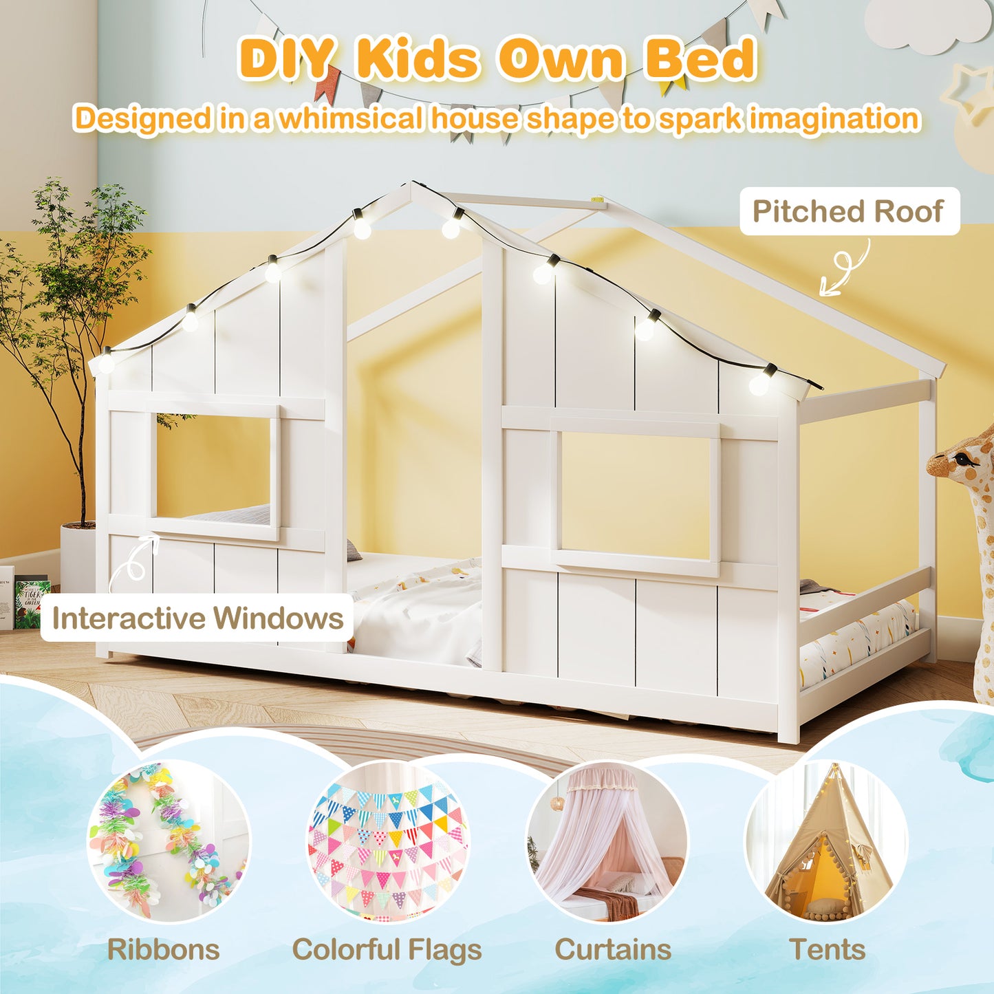 Twin Size House Bed with LED Lights Montessori Slat-free Floor Bed-White