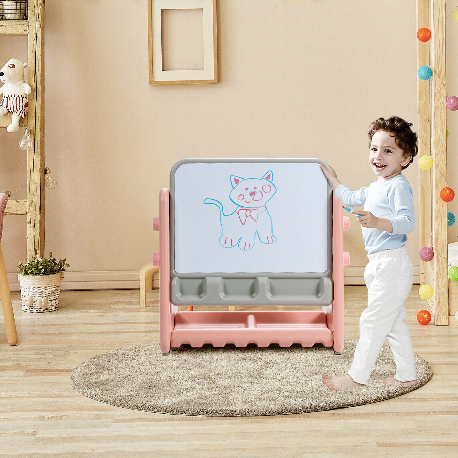 2 in 1 Kids Easel Table and Chair Set with Adjustable Art Painting Board-Pink