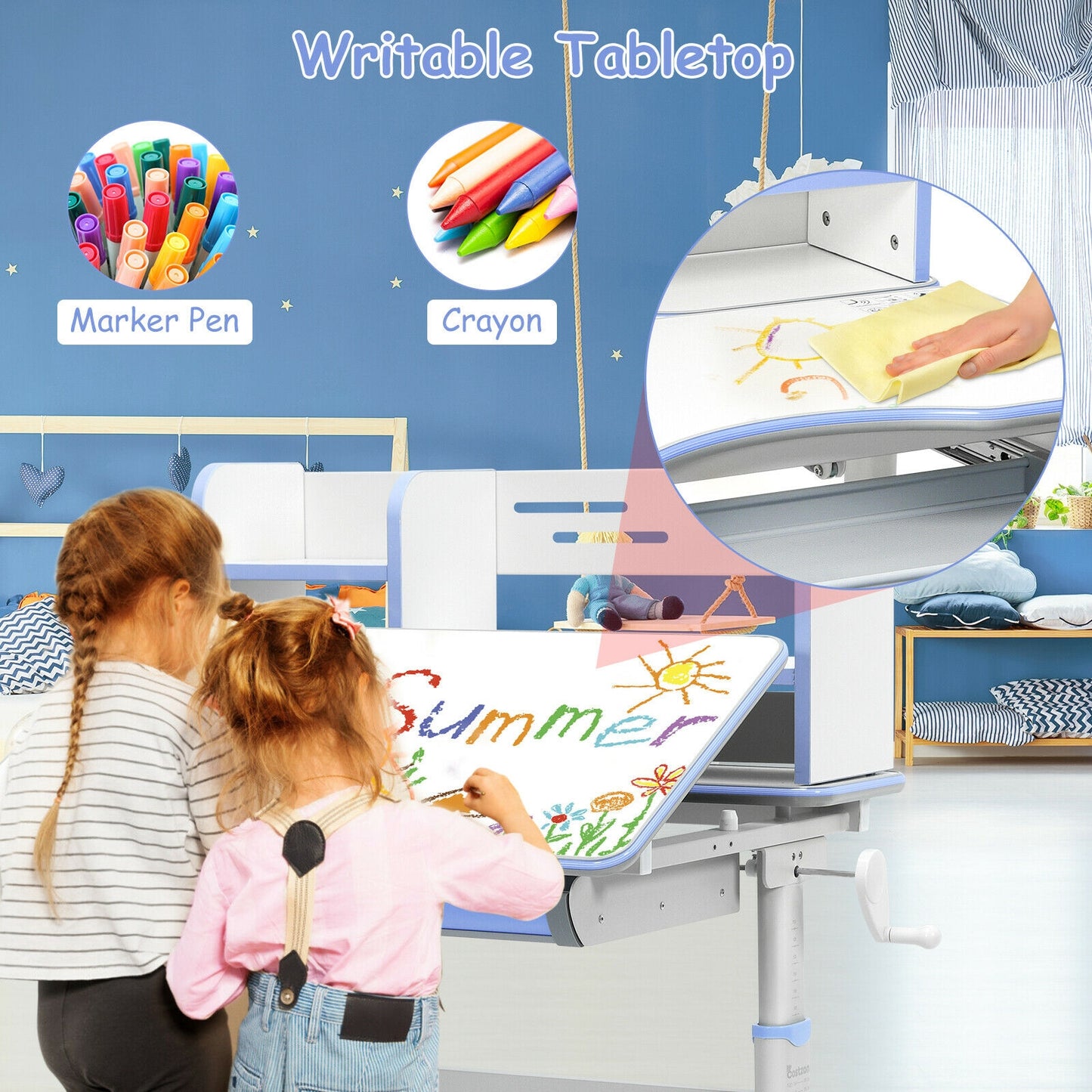 Kids Multifunctional Writing Desk with Tilt Desktop and Book Shelf-Blue