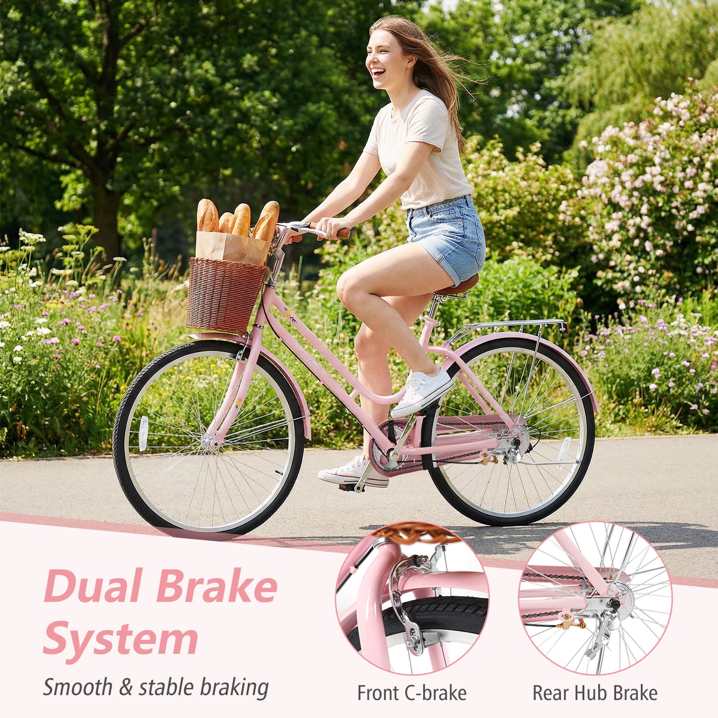 26" Beach Cruiser Bike for Women with Basket and Rear Rack