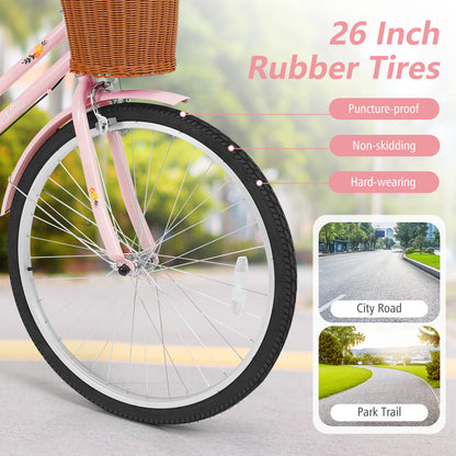 26" Beach Cruiser Bike for Women with Basket and Rear Rack