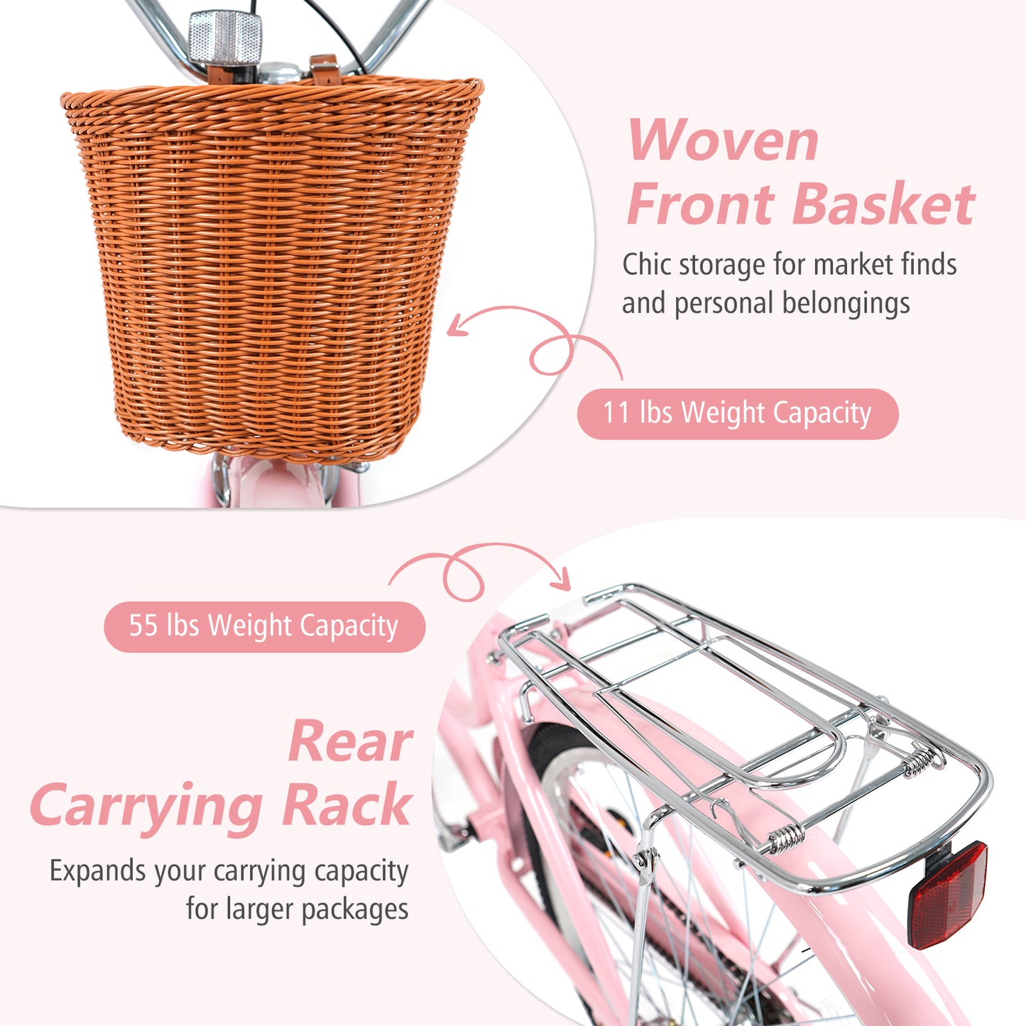 26" Beach Cruiser Bike for Women with Basket and Rear Rack