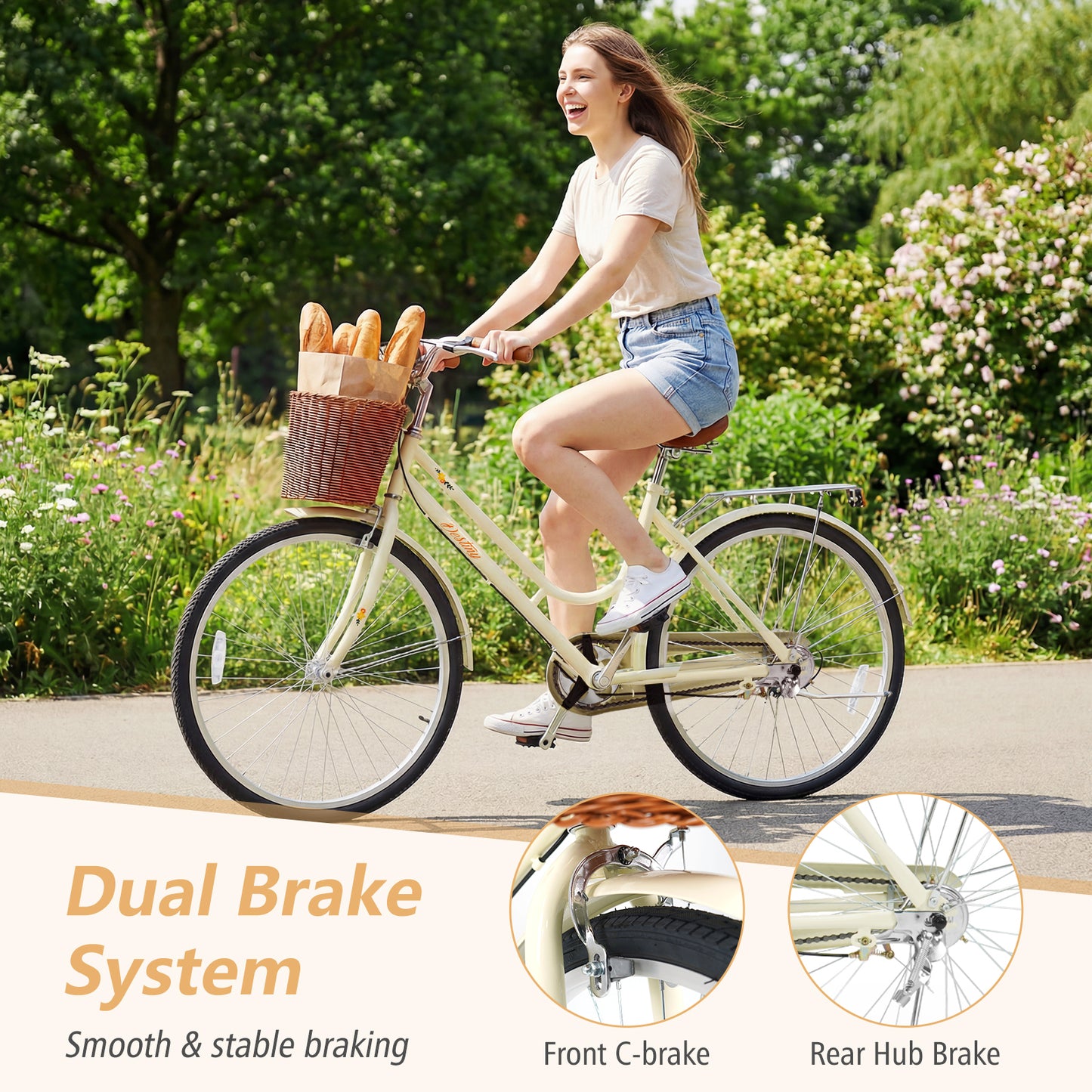 24/26 Inch Beach Cruiser Bike with Basket and Rear Rack