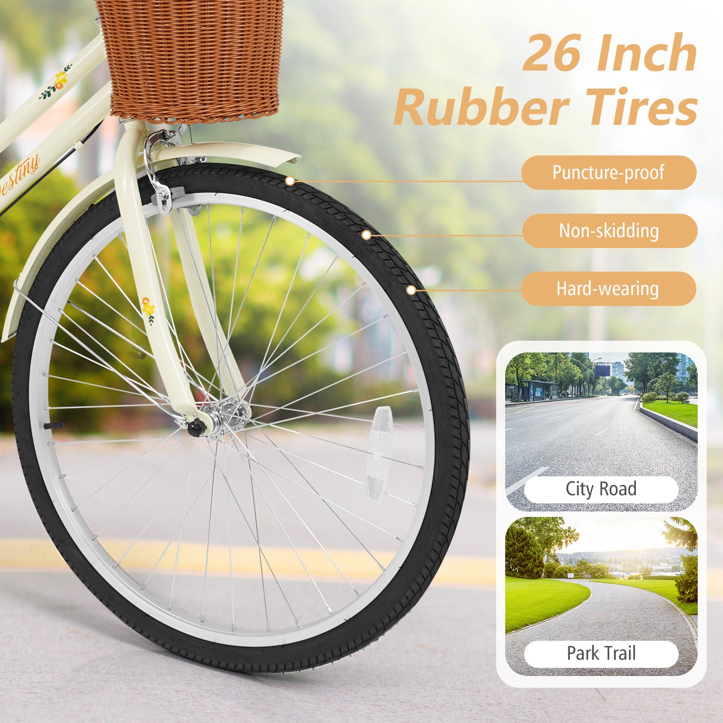 24/26 Inch Beach Cruiser Bike with Basket and Rear Rack