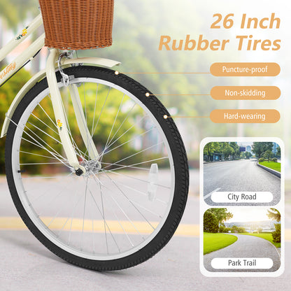 24/26 Inch Beach Cruiser Bike with Basket and Rear Rack