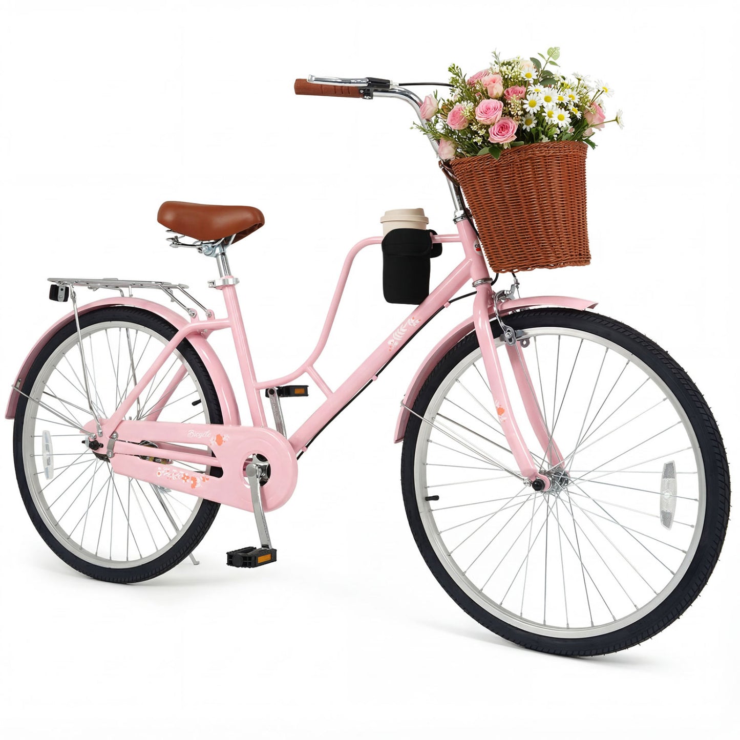 26-Inch Beach Cruiser Bike with Basket and Cup Holder - Pink