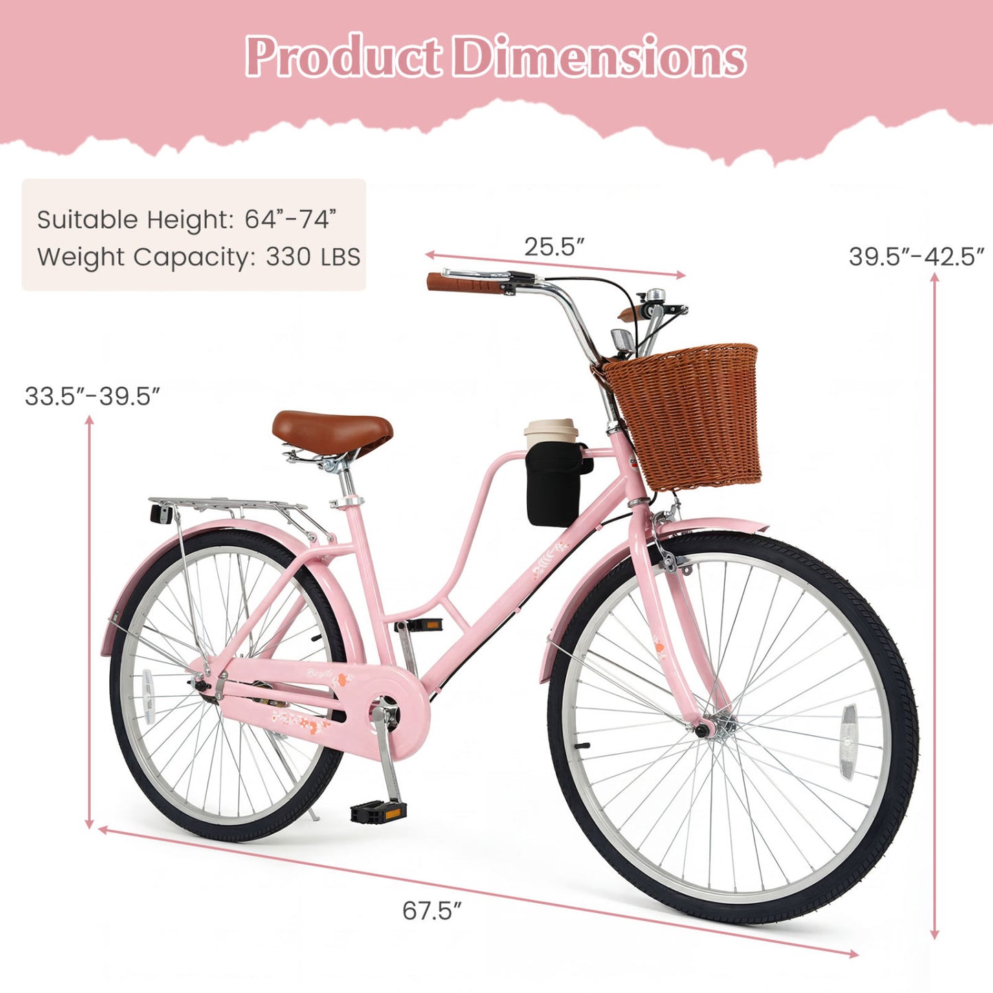 26-Inch Beach Cruiser Bike with Basket and Cup Holder - Pink