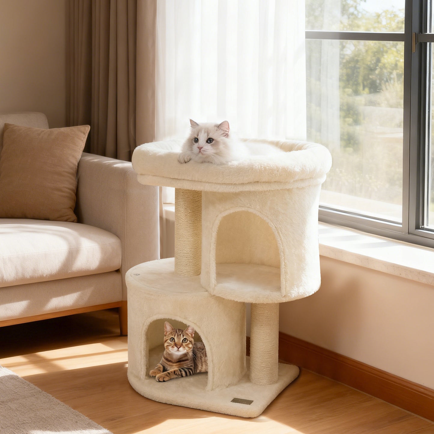 26 Inch Cat Tower with Large Padded Push Perch and Dual Condos-Beige