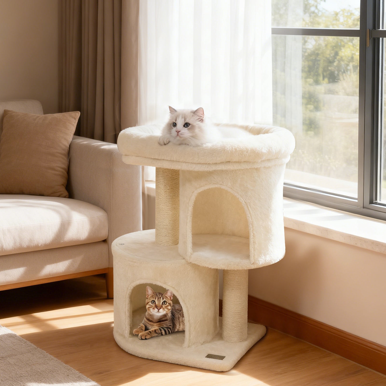 26 Inch Cat Tower with Large Padded Push Perch and Dual Condos-Beige