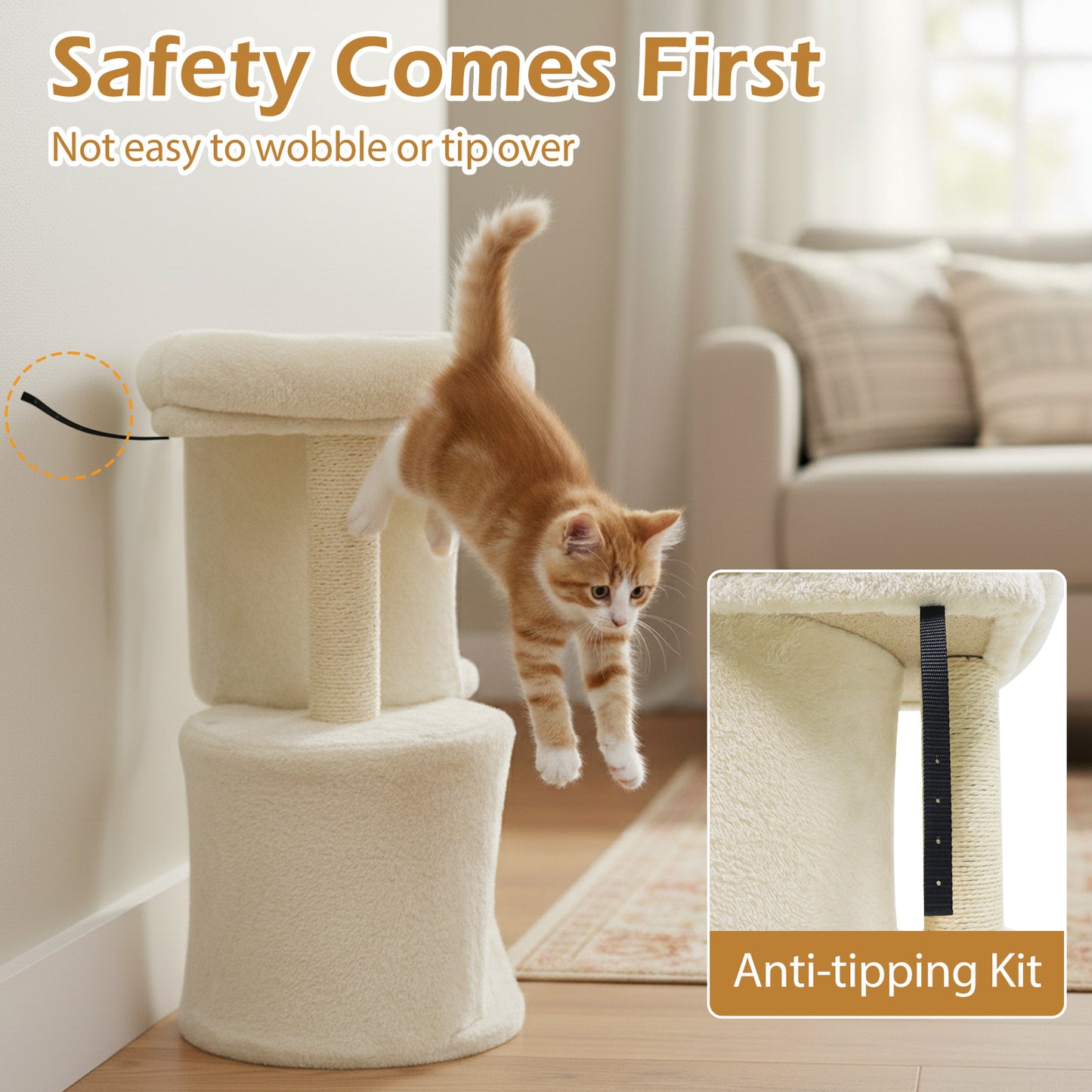 26 Inch Cat Tower with Large Padded Push Perch and Dual Condos-Beige