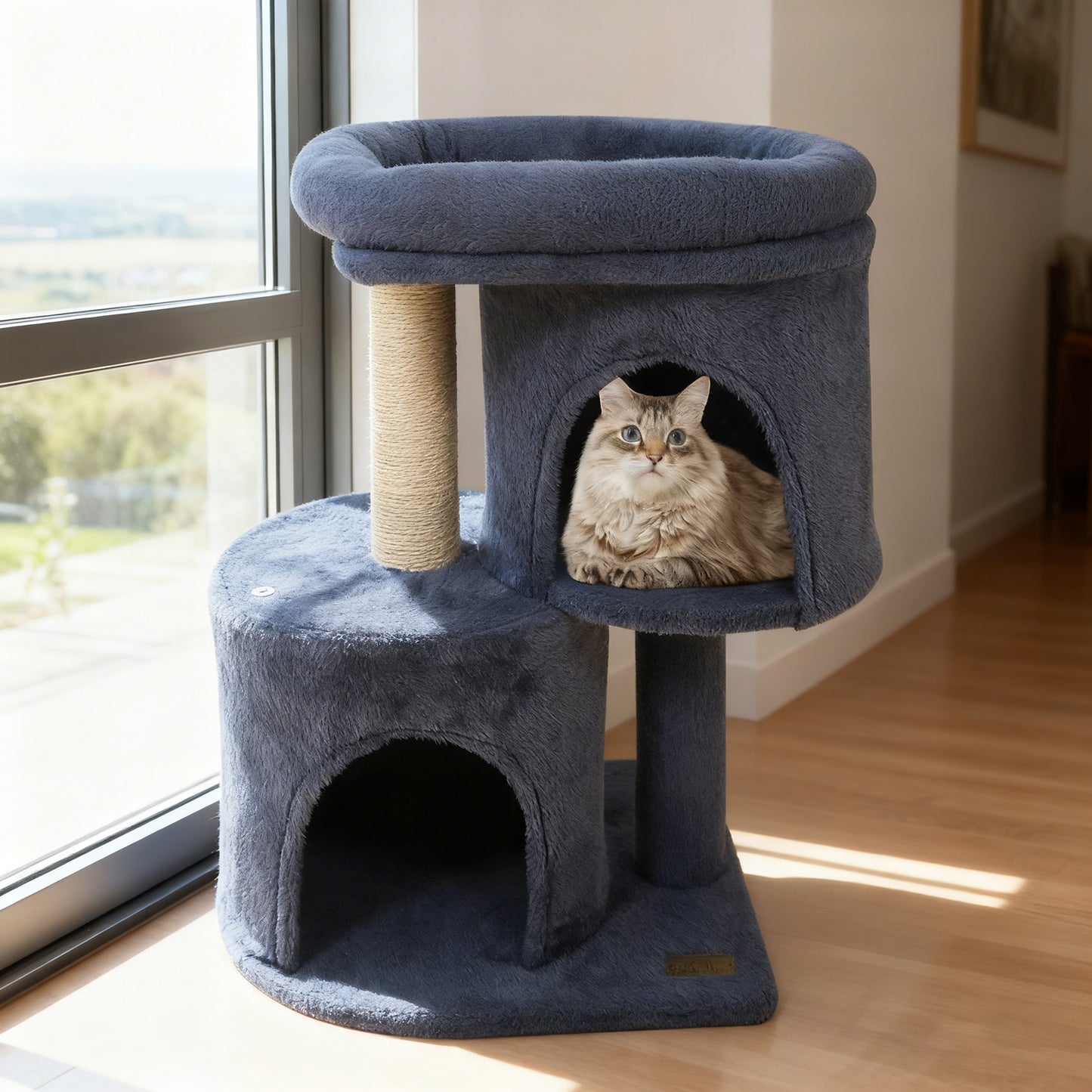 26 Inch Cat Tower with Large Padded Push Perch and Dual Condos-Dark Gray