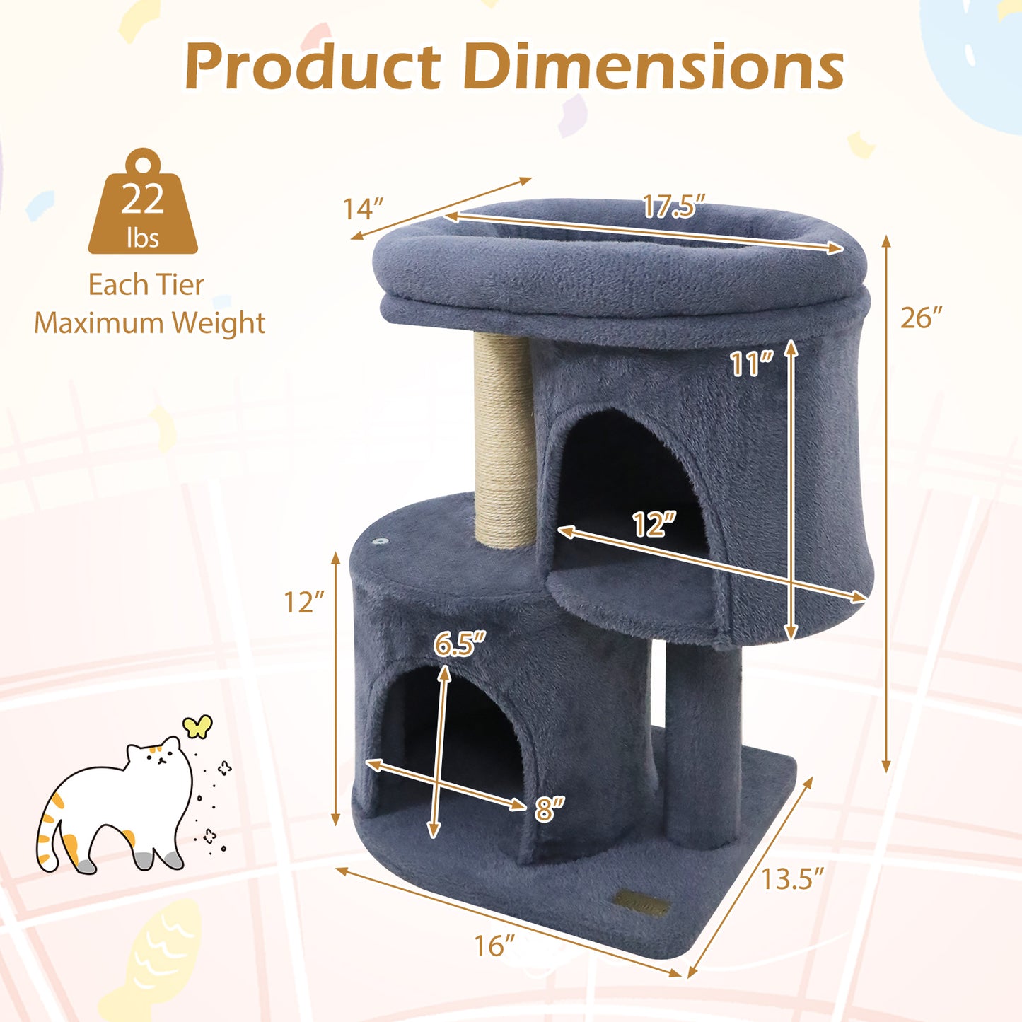 26 Inch Cat Tower with Large Padded Push Perch and Dual Condos-Dark Gray