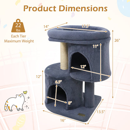 26 Inch Cat Tower with Large Padded Push Perch and Dual Condos-Dark Gray