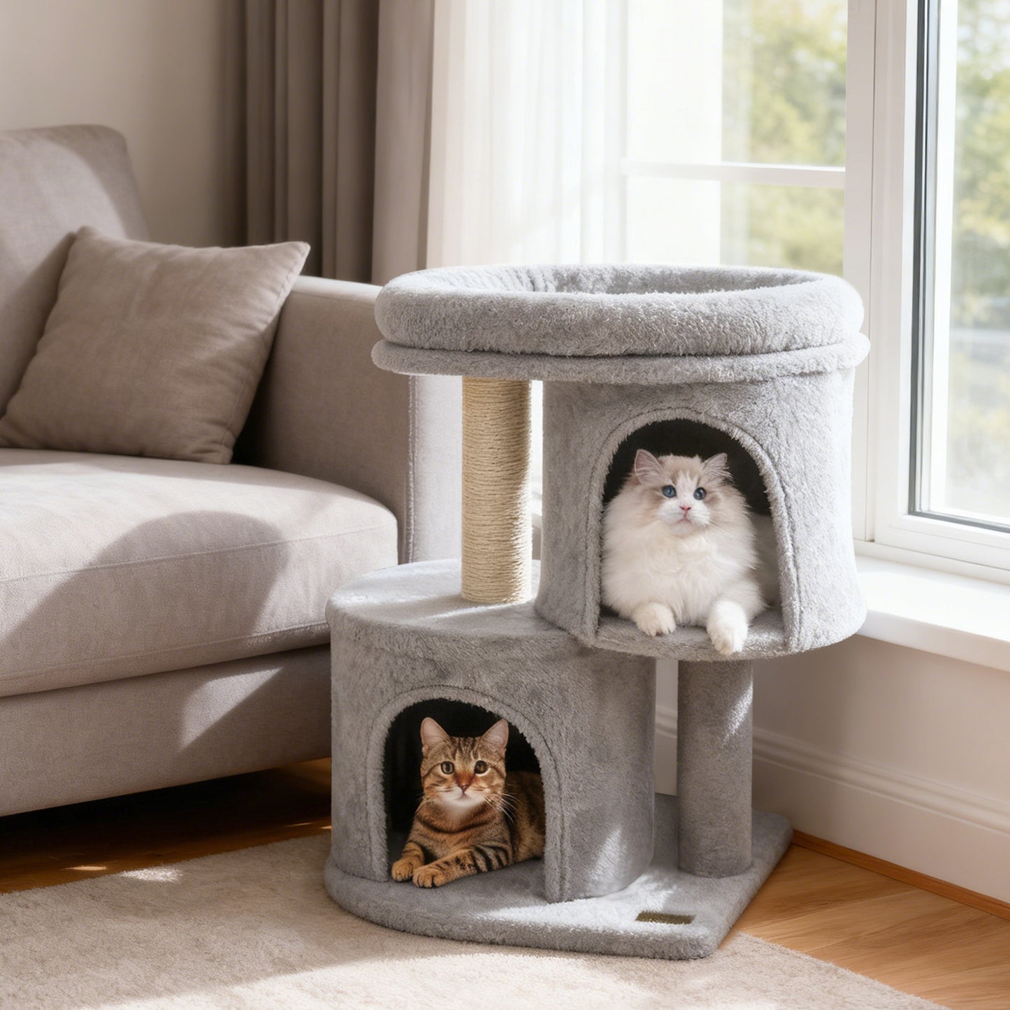 26 Inch Cat Tower with Large Padded Push Perch and Dual Condos-Light Gray