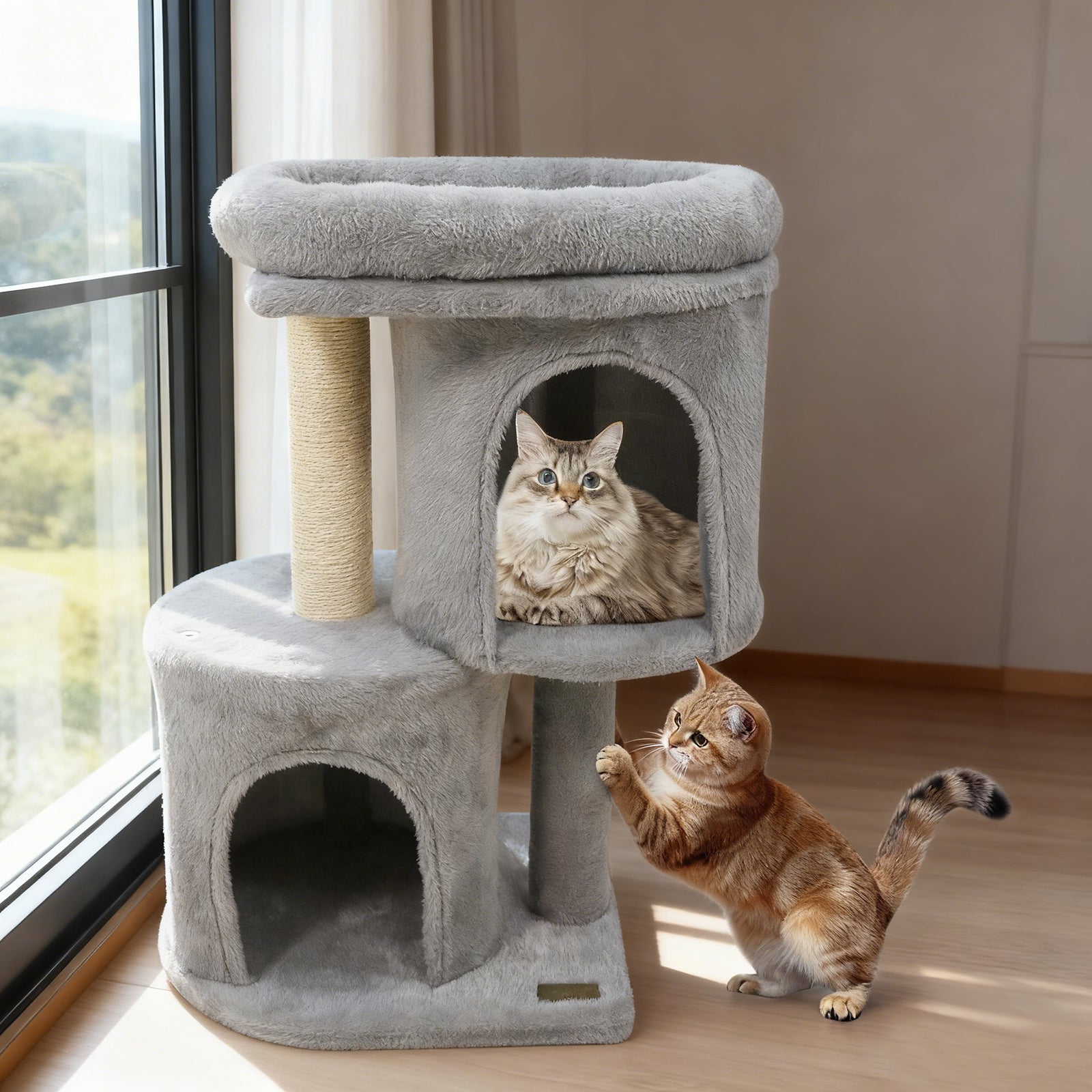 26 Inch Cat Tower with Large Padded Push Perch and Dual Condos-Light Gray