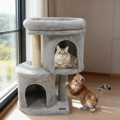 26 Inch Cat Tower with Large Padded Push Perch and Dual Condos-Light Gray