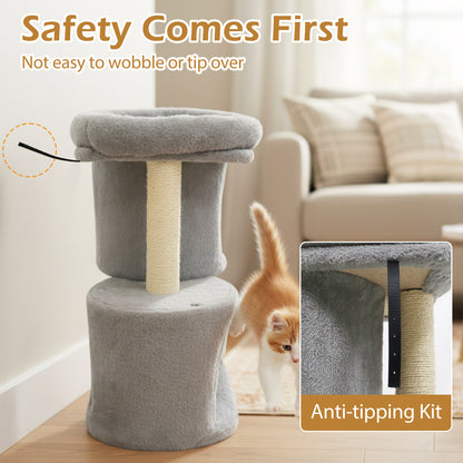 26 Inch Cat Tower with Large Padded Push Perch and Dual Condos-Light Gray