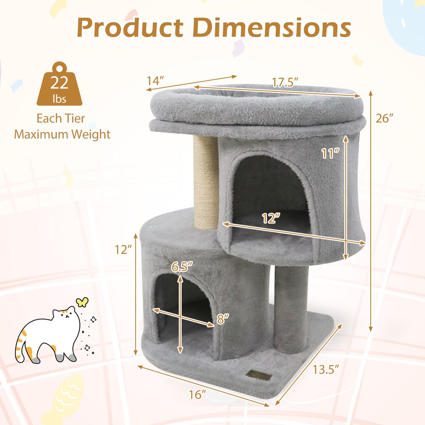 26 Inch Cat Tower with Large Padded Push Perch and Dual Condos-Light Gray