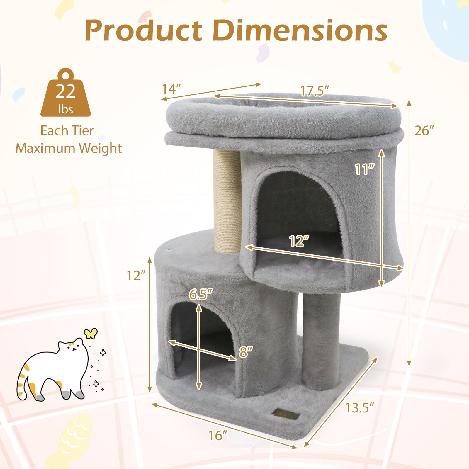 26 Inch Cat Tower with Large Padded Push Perch and Dual Condos-Light Gray