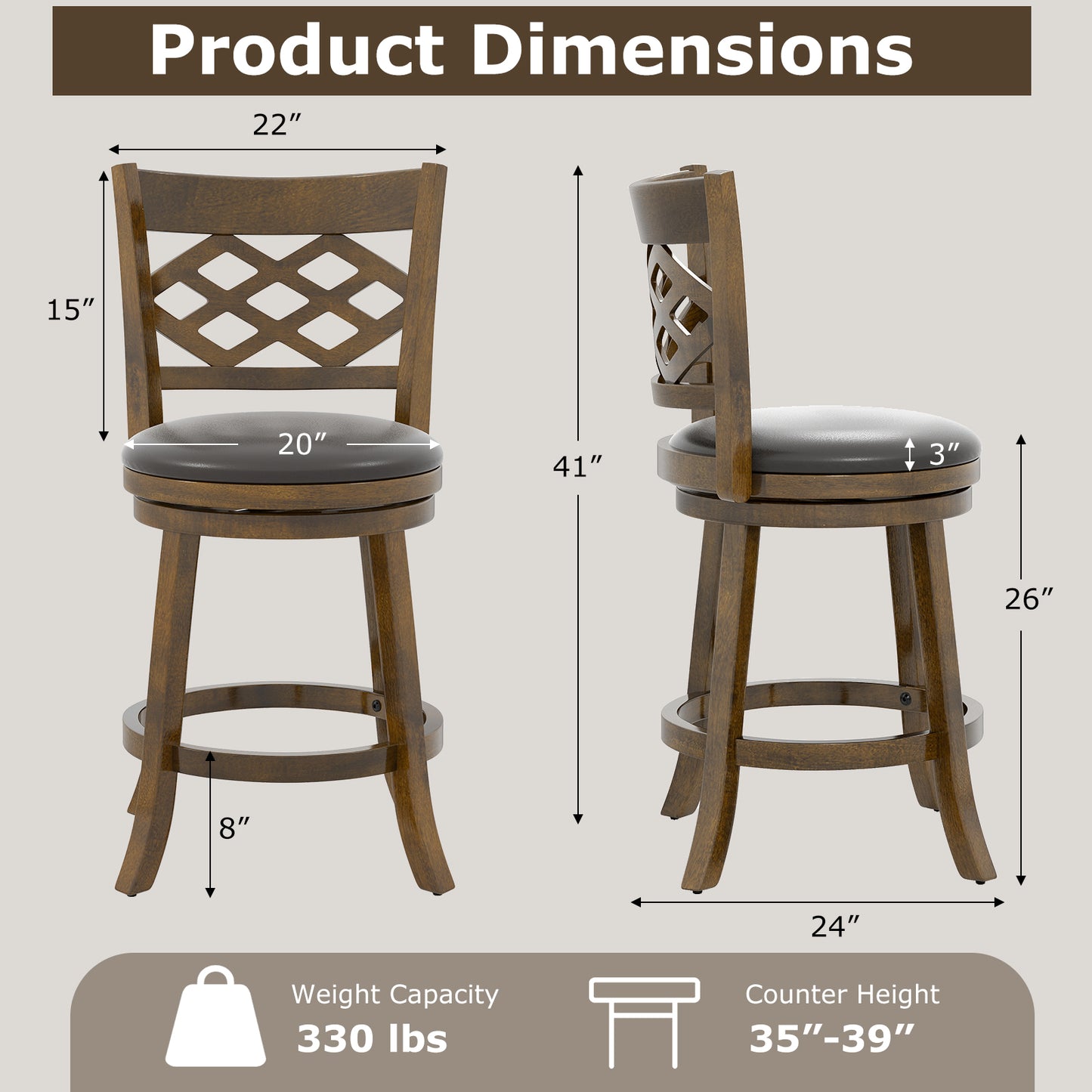 26 Inch Counter Height Bar Stools Set of 2 with Rubber Wood Frame-26 Inch