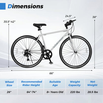 26 Inch Mountain Bike Adjustable with 6-Speed and All-terrain Rubber Wheels-Gray