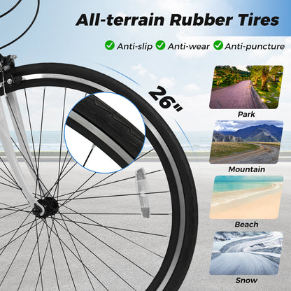 26 Inch Mountain Bike Adjustable with 6-Speed and All-terrain Rubber Wheels-Gray