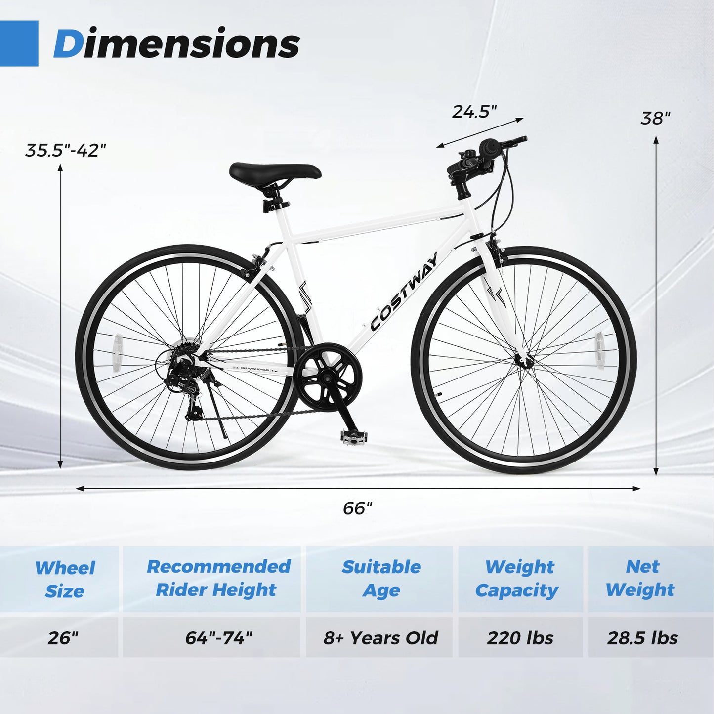 26 Inch Mountain Bike Adjustable with 6-Speed and All-terrain Rubber Wheels-White