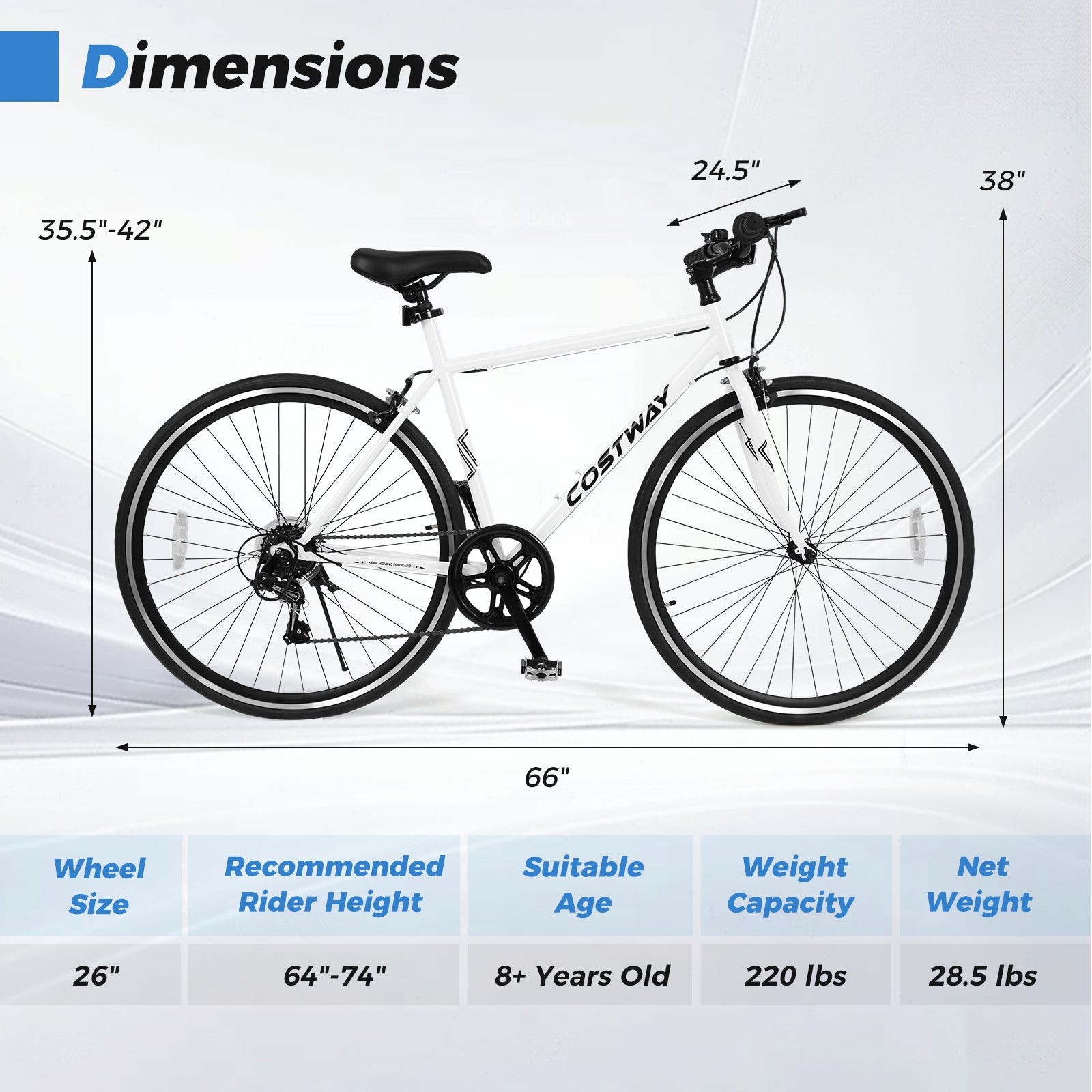 26 Inch Mountain Bike Adjustable with 6-Speed and All-terrain Rubber Wheels-White