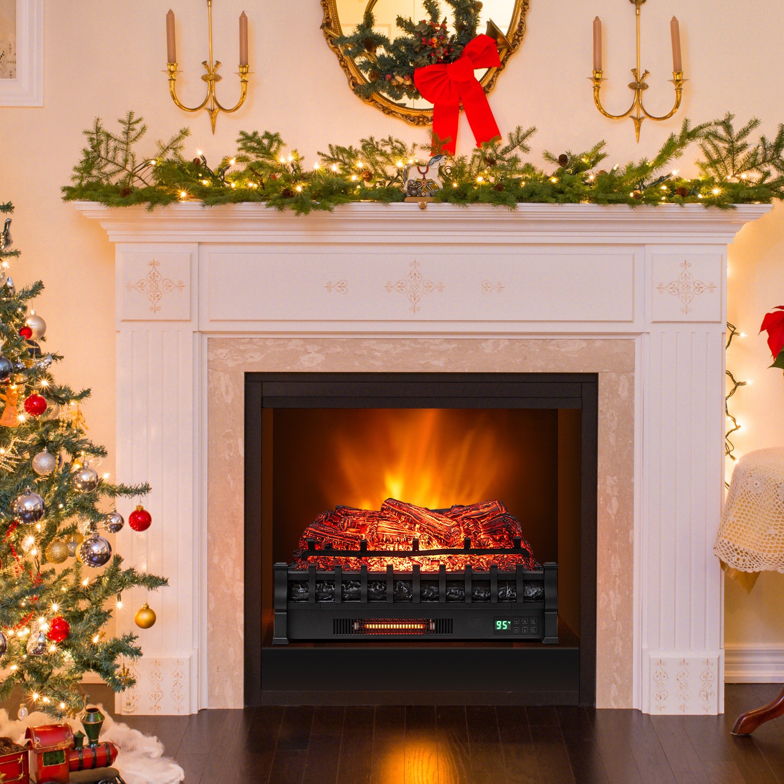 26 Inch WiFi Infrared Quartz Electric Fireplace Insert Logs Heater with Realistic Pinewood Logs-Black